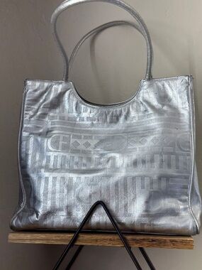 Vintage Silver Leather Shoulder Bag Metallic Geometric Tote